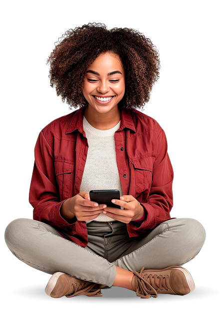 Retrato de uma jovem afroamericana feliz usando um telefone celular enquanto estava sentada no chão com as pernas cruzadas